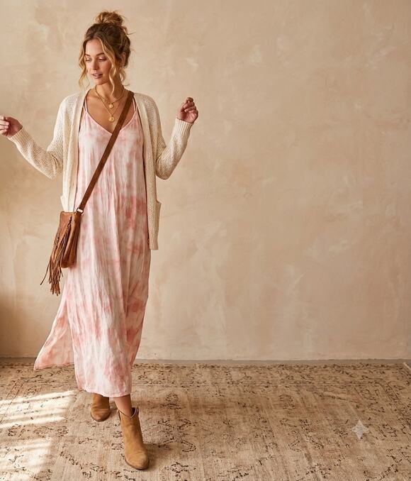 aerie Dresses & Skirts - Aerie Pink & White Tie Dye Cami Dress Strappy Back Midi